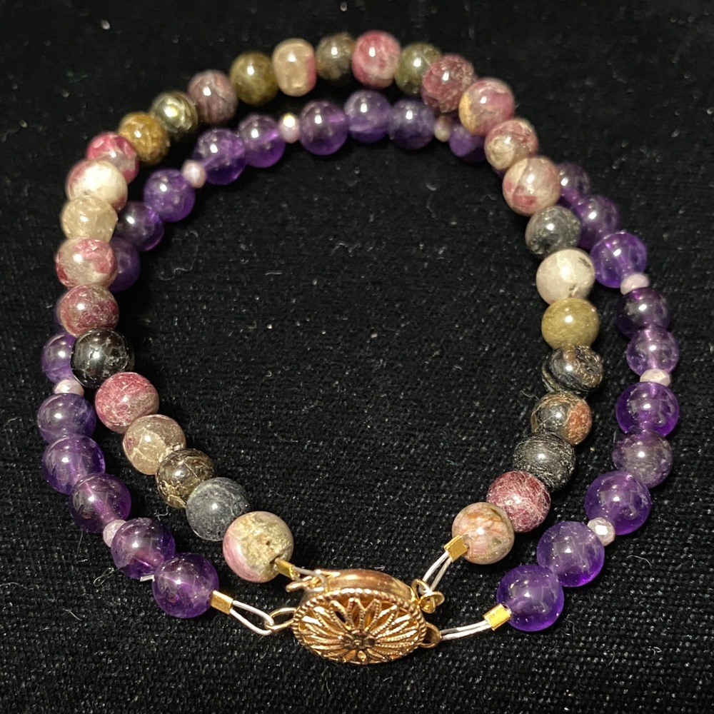 Handcrafted Natural Amethyst Natural Tourmaline double strand Beaded Bracelet